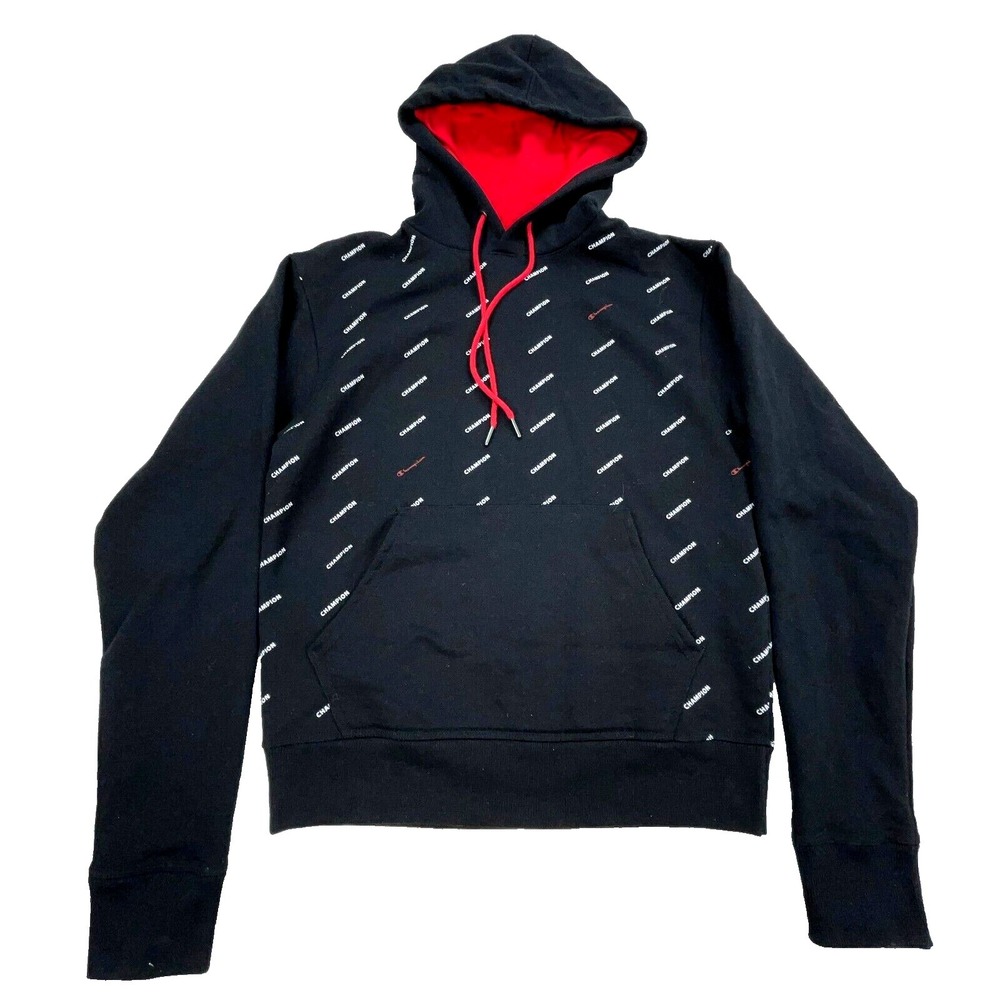 Champion Hoodie Women Small Black Red White Sweatshirt Sweater Heavy Retro AOP
